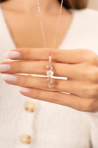 Eva Jewelry Manolya Çiçeği Uzun Model Beyaz Taşlı 14k Rose Gold Kaplama Kadın Kolye