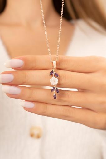 Eva Jewelry Manolya Çiçeği Uzun Model Mor Taşlı 14k Rose Gold Kaplama Kadın Kolye