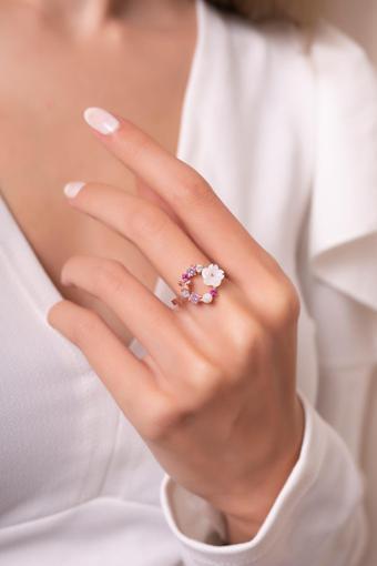 Eva Jewelry Orkide Ve Renkli Taşlı 14 K Rose Gold Kaplama Kadın Yüzük