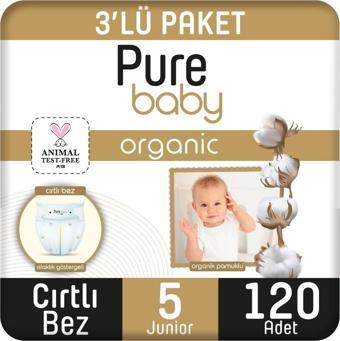 Pure Baby Organik Pamuklu Cırtlı Bez 3'Lü Paket 5 Numara Junior 120 Adet