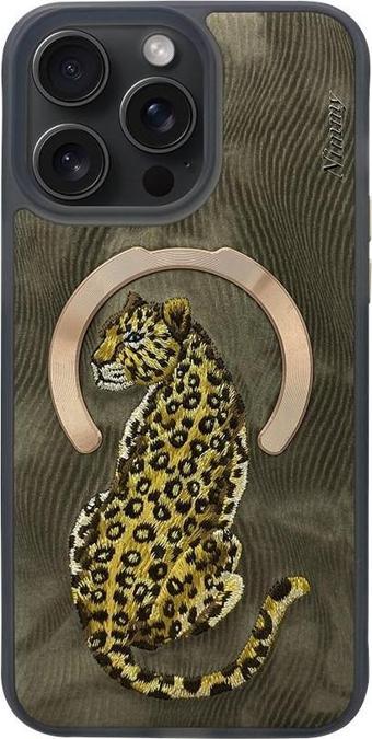 iPhone 15 Pro Max Uyumlu Leopar Serisi Magsafe Nakış işlemeli Detaylı 3D Kılıf Altın