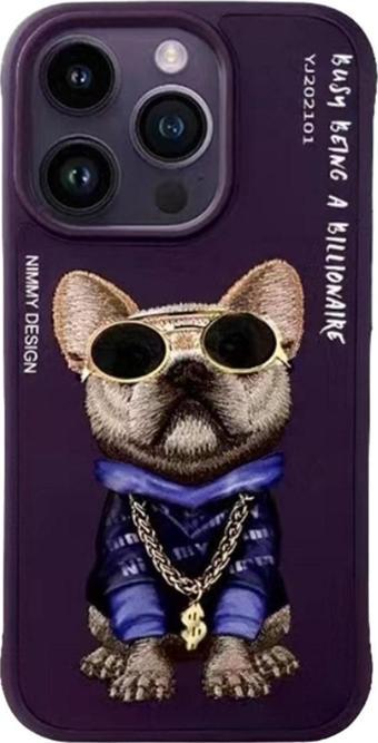 Nimmy iPhone 15 Uyumlu Dog Serisi Nakış işlemeli Gözlük ve Zincir Detaylı Kılıf Mor