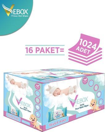 Vebox Pure Water Wipes Yenidoğan Islak Bebek Bakım Havlusu 64'lü x16 (1024 Yaprak)