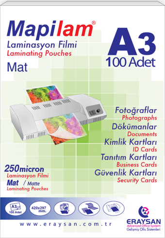 MAPİLAM 250 MİCRON MAT LAMİNASYON FİLMİ (A3) 100 LÜ