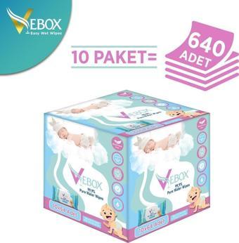 Vebox Pure Water Wipes Islak Mendil - Yenidoğan & Hassas Ciltler için Bebek Bakım Havlusu (10 Paket 640 Yaprak)