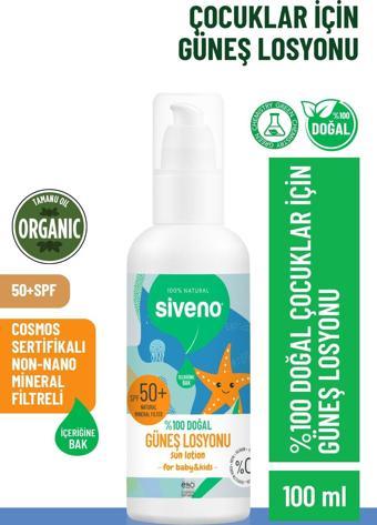 Siveno %100 Doğal Çocuk Güneş Losyonu Leke Karşıtı Antioksidan Nemlendirici Bitkisel Vegan UVA UVB SPF50