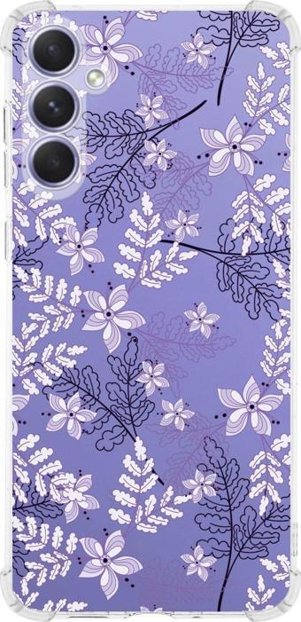 Printify Samsung Galaxy A54 Uyumlu Köşe Korumalı Antişok Kapak Floral Lila Tasarımlı Şeffaf Silikon Kılıf