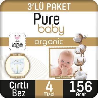 Pure Baby Organik Pamuklu Cırtlı Bez 3'Lü Paket 4 Numara Maxi 156 Adet