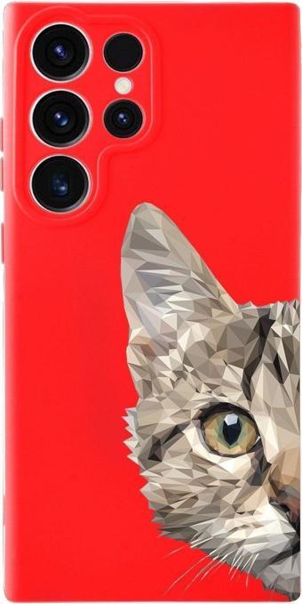 Printify Samsung Galaxy S23 Ultra Uyumlu Lansman Kılıf Catface Tasarımlı Içi Kadife Kapak-Kırmızı