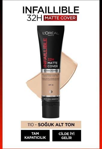 L'Oréal Paris Infaillible 32h Matte Cover Yüksek Kapatıcı Fondöten - 110 Soğuk Alt Ton