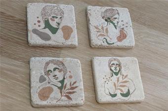 Line Art Heykel Portre Doğal Taş Bardak Altlığı 4'lü set - Natural Stone Coasters