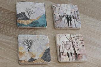 Modern Şehir ve Manzaralar Doğal Taş Bardak Altlığı 4'lü set - Natural Stone Coasters