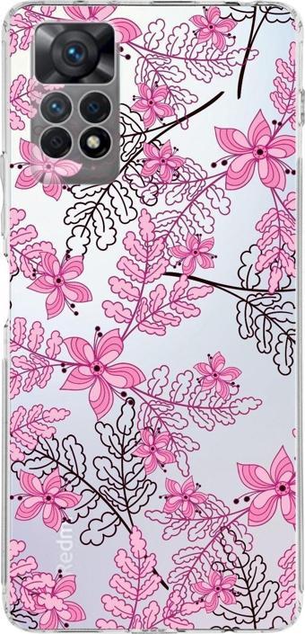 Printify Xiaomi Redmi Note 11S Uyumlu Kamera Korumalı Kapak Floral Pembe Tasarımlı Şeffaf Kılıf