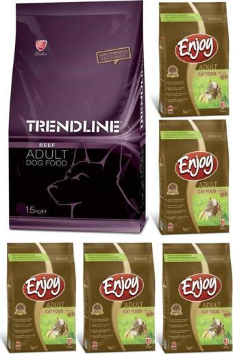 Trendline Dog Biftekli Köpek Maması 15 Kg & Enjoy Tavuk Etli Yetişkin Kedi Maması 1 Kg x 5 adet 