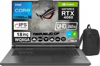 Asus Rog Strıx G18 İ9-13980HX 64gb DDR5 512gb SSD 12GB RTX4080 175W 18" 240Hz QHD WQXGA WIN11Home N602316+Zettaçanta