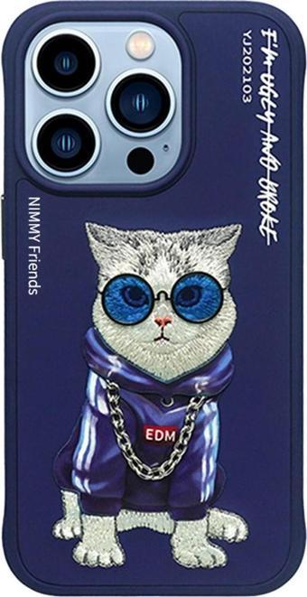 Nimmy iPhone 14 Pro Cat Serisi Nakış İşlemeli Gözlük ve Zincir Detaylı Kılıf Mavi