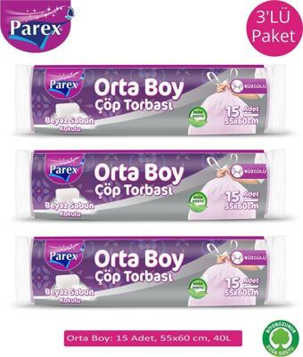 Parex Büzgülü Çöp Torbası Beyaz Sabun Kokulu Orta Boy 15'Li 3Lü Paket