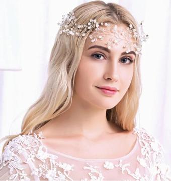 Eflamel Design Kristal Taşlı Incili Gelin Tacı Saç Aksesuarı, Nikah,düğün,kına,nişan Tacı Beyaz Saç Aksesuarı 65cm