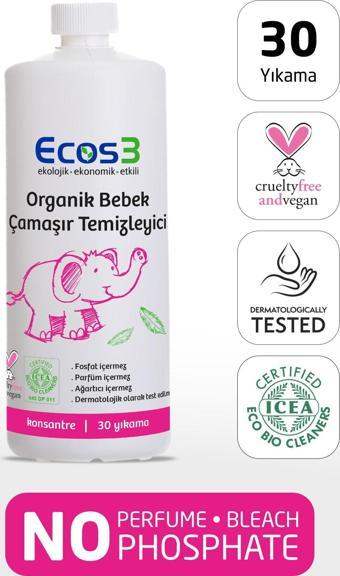 Ecos3 Bebek Çamaşır Deterjanı, Organik & Vegan Sertifikalı, Ekolojik, Kokusuz, Konsantre 30 Yıkama, 1050ml