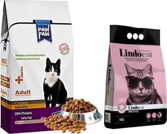 Paw Paw Tavuk Etli Yetişkin Kedi Maması 15 Kg + 2 Adet Lindocat Bebek Pudralı Ince Taneli Topaklaşan Kedi Kumu 10 Lt