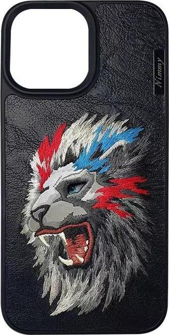 Nimmy iPhone 14 Pro Max Ferocious Serisi Aslan Nakış işlemeli 3D Detaylı Kılıf Siyah