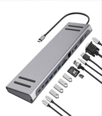 BAYINDIRELEKTRONİK 14 In 1 Macbook Uyumlu Type-C Hub USB 3.0-SD/TF-RJ45-HDMI-VGA-USB-C 60W Dönüştürücü Çoklayıcı