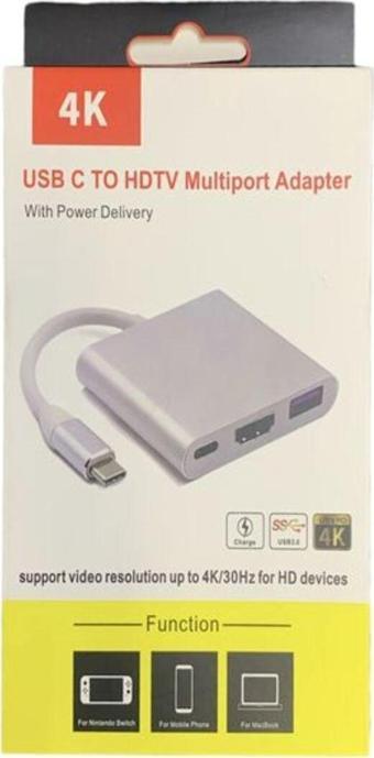 BAYINDIRELEKTRONİK 3in1 Type-C To HDMI Hub Port Adaptör Pd USB 3.0 4K HDMI Çoklayıcı Çevirici Dönüştürücü