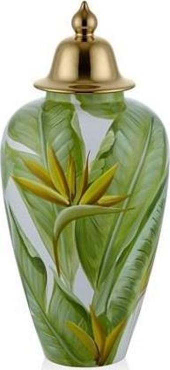 Lamedore Yeşil Yaprak Desenli Kapaklı Küp Küçük Boy 23x49,5 cm
