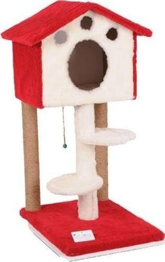 Cat Hause S06 Basamaklı Yuvalı Kedi Tırmalama Evi Kırmızı 98 Cm