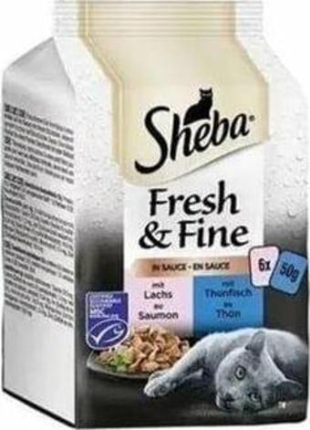 Sheba Pouch Fresh & Fine Sos İçerisinde Ton Balıklı ve Somonlu Yetişkin Konserve Kedi Maması 6 Adet 50 Gr