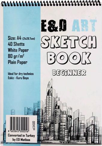 E&D Art Sketch Book Beginner A4 40yp 80gr Eskiz Çizim Defteri Üstten Spiralli / ed.54500