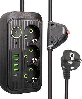 Vea VA-21565 4xUSB+Type-C 3'lü 1.5 Metre Akım Korumalı Priz Siyah