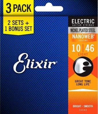 Elixir 16542 Nanoweb Light 3\'lü Elektro Gitar Teli (10-46)
