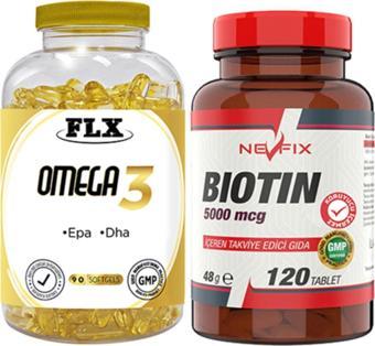 Flx Omega 3 Balık Yağı 90 Softgel & Nevfix Biotin 5000 Mcg 120 Tablet