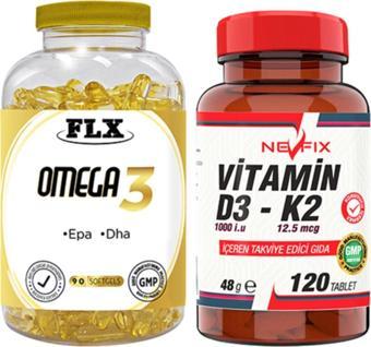 Flx Omega 3 Balık Yağı 90 Softgel & Nevfix Vitamin D3-K2 120 Tablet