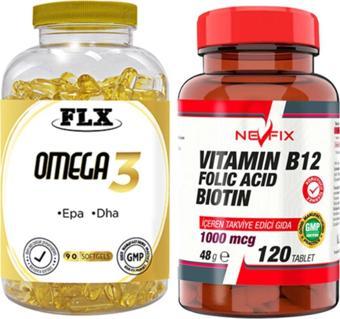 Flx Omega 3 Balık Yağı 90 Softgel Ve Nevfix Vitamin B12 1000 Mcg 120 Tablet