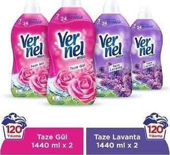 Vernel Max Konsantre Çamaşır Yumuşatıcısı 4 x 1440ml (240 Yıkama) 2 Taze Gül + 2 Taze Lavanta