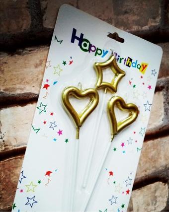 Kuzey Vip Gold Heart Candle 2 Adet Metalik Gold Kalpli Pasta Mumu 1 Adet Yıldız Mum Kalpli Doğum Günü Mumu
