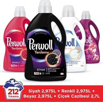 Perwoll Hassas Sıvı Çamaşır Deterjanı 4 x 3L (195 Yıkama) Siyah + Renkli + Beyaz + Çiçek Cazibesi