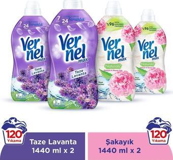 Vernel Max Konsantre Çamaşır Yumuşatıcısı 4 X 1440ml (240 Yıkama) 2 Taze Lavanta + 2 Şakayık