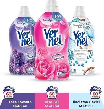 Vernel Max Konsantre Yumuşatıcı 3 x 1440ml (180 Yıkama) Taze Gül +Taze Lavanta +Hindistan Cevizi