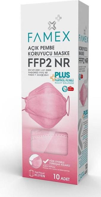 FAMEX N95 FFP2 KORUYUCU MASKE AÇIK PEMBE RENK 10 ADET TEKLİ PAKET FİSH MODELİ