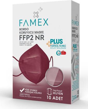 FAMEX N95 FFP2 KORUYUCU MASKE BORDO RENK 10 ADET TEKLİ PAKET DUCK MODELİ 