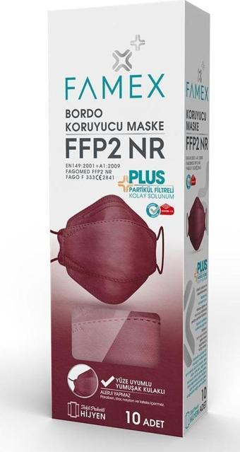 FAMEX N95 FFP2 KORUYUCU MASKE BORDO RENK 10 ADET TEKLİ PAKET FİSH MODELİ