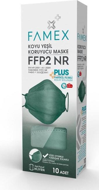 FAMEX N95 FFP2 KORUYUCU MASKE KOYU YEŞİL RENK 10 ADET TEKLİ PAKET FİSH MODELİ