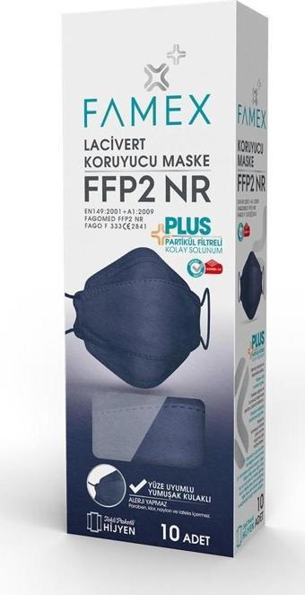 FAMEX N95 FFP2 KORUYUCU MASKE LACİVERT RENK 10 ADET TEKLİ PAKET FİSH MODELİ