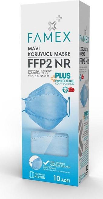 FAMEX N95 FFP2 KORUYUCU MASKE MAVİ RENK 10 ADET TEKLİ PAKET FİSH MODELİ