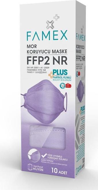 FAMEX N95 FFP2 KORUYUCU MASKE MOR RENK 10 ADET TEKLİ PAKET FİSH MODELİ