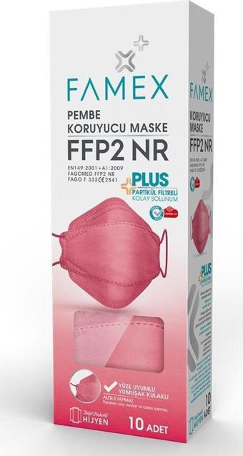 FAMEX N95 FFP2 KORUYUCU MASKE PEMBE RENK 10 ADET TEKLİ PAKET FİSH MODELİ