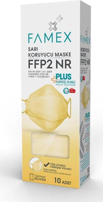 FAMEX N95 FFP2 KORUYUCU MASKE SARI RENK 10 ADET TEKLİ PAKET FİSH MODELİ